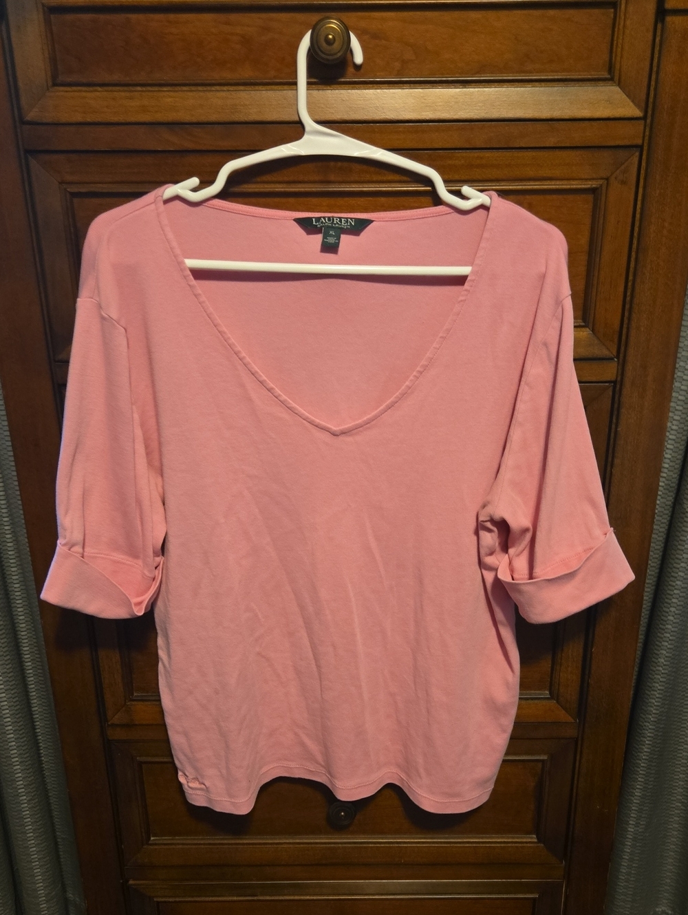 Lauren Ralph Lauren Light Pink V-Neck Roll-Tab Sleeve Top